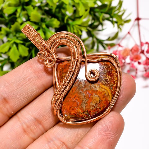 Incredible A One Quality 100% Natural Seam Agate Gemstone Heart Vintage Handmade Pure Copper Wire Wrapped Pendant 2.1