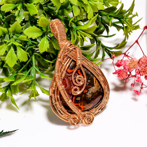 Marvellous A One Quality 100% Natural Seam Agate Gemstone Heart Vintage Handmade Pure Copper Wire Wrapped Pendant 2.2