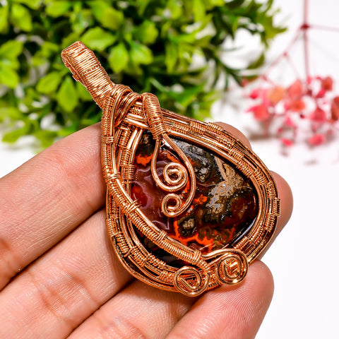 Marvellous A One Quality 100% Natural Seam Agate Gemstone Heart Vintage Handmade Pure Copper Wire Wrapped Pendant 2.2
