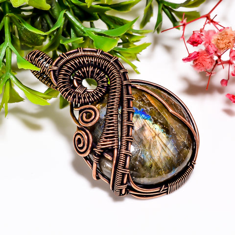 Outstanding A One Quality 100% Natural Labradorite Gemstone Round Vintage Handmade Pure Copper Wire Wrapped Pendant 2