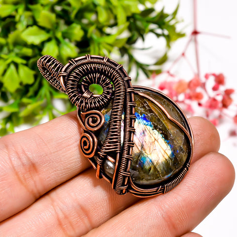 Outstanding A One Quality 100% Natural Labradorite Gemstone Round Vintage Handmade Pure Copper Wire Wrapped Pendant 2