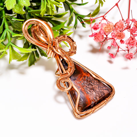 Superb A One Quality 100% Natural Crazy Lace Agate Gemstone Triangle Vintage Handmade Pure Copper Wire Wrapped Pendant 2.3