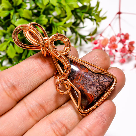 Superb A One Quality 100% Natural Crazy Lace Agate Gemstone Triangle Vintage Handmade Pure Copper Wire Wrapped Pendant 2.3
