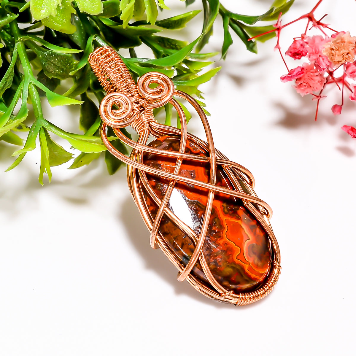 Tempting A One Quality 100% Natural Seam Agate Gemstone Oval Vintage Handmade Jewelry Pure Copper Wire Wrapped Pendant 2" 10.4 gms. KR11-22 Sunkarton