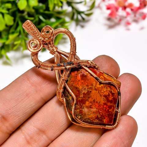 Terrific A One Quality 100% Natural Seam Agate Gemstone Shield Vintage Handmade Pure Copper Wire Wrapped Pendant 2.3