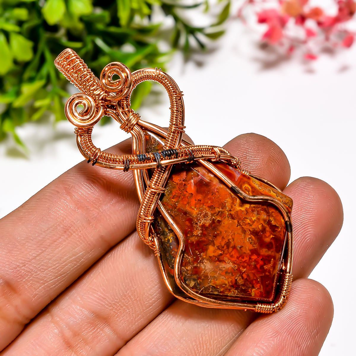 Terrific A One Quality 100% Natural Seam Agate Gemstone Shield Vintage Handmade Pure Copper Wire Wrapped Pendant 2.3" 12.5 gms. KR11-23 Sunkarton