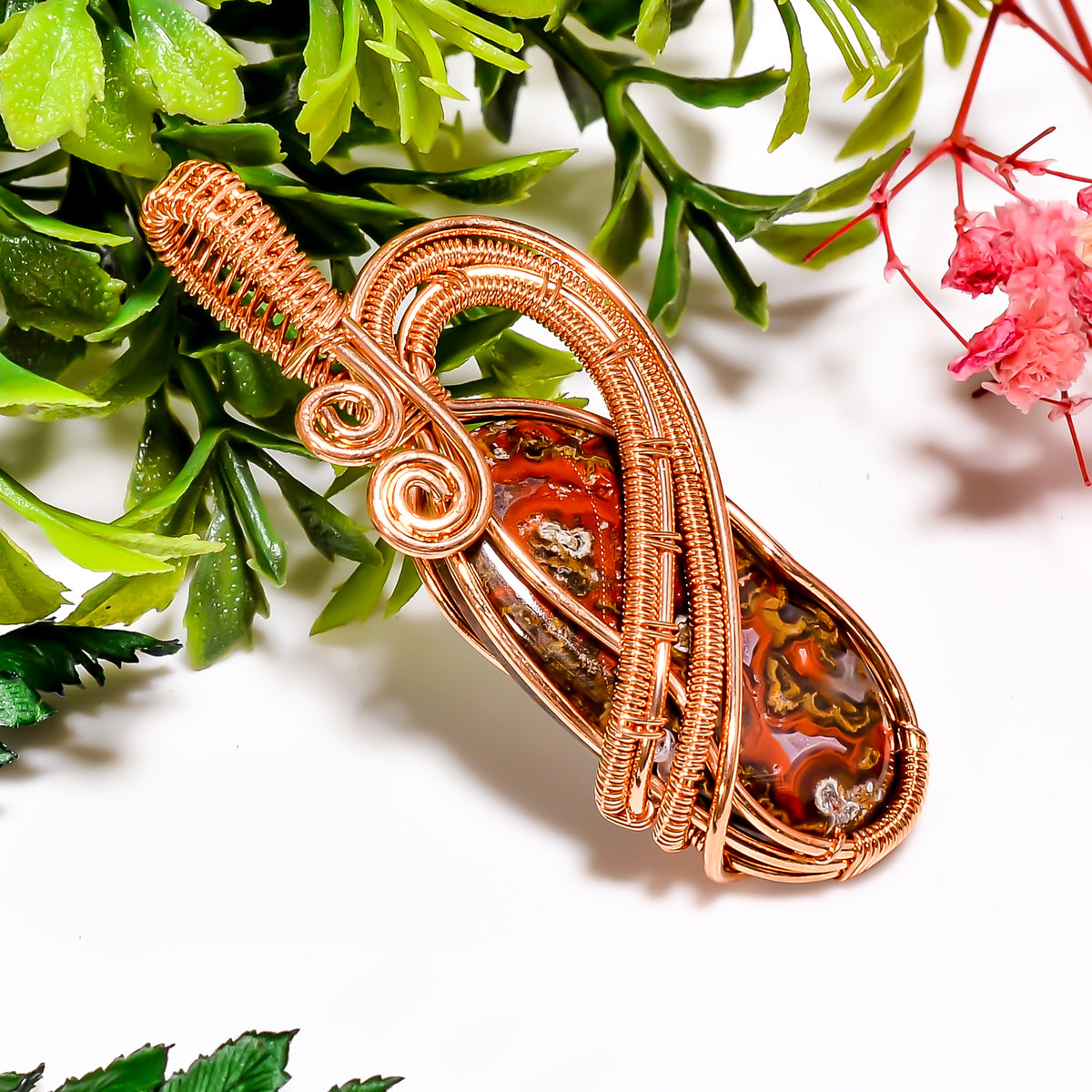 Wonderful A One Quality 100% Natural Seam Agate Gemstone Oval Vintage Handmade Jewelry Pure Copper Wire Wrapped Pendant 2" 10 gms. KR11-25 Sunkarton