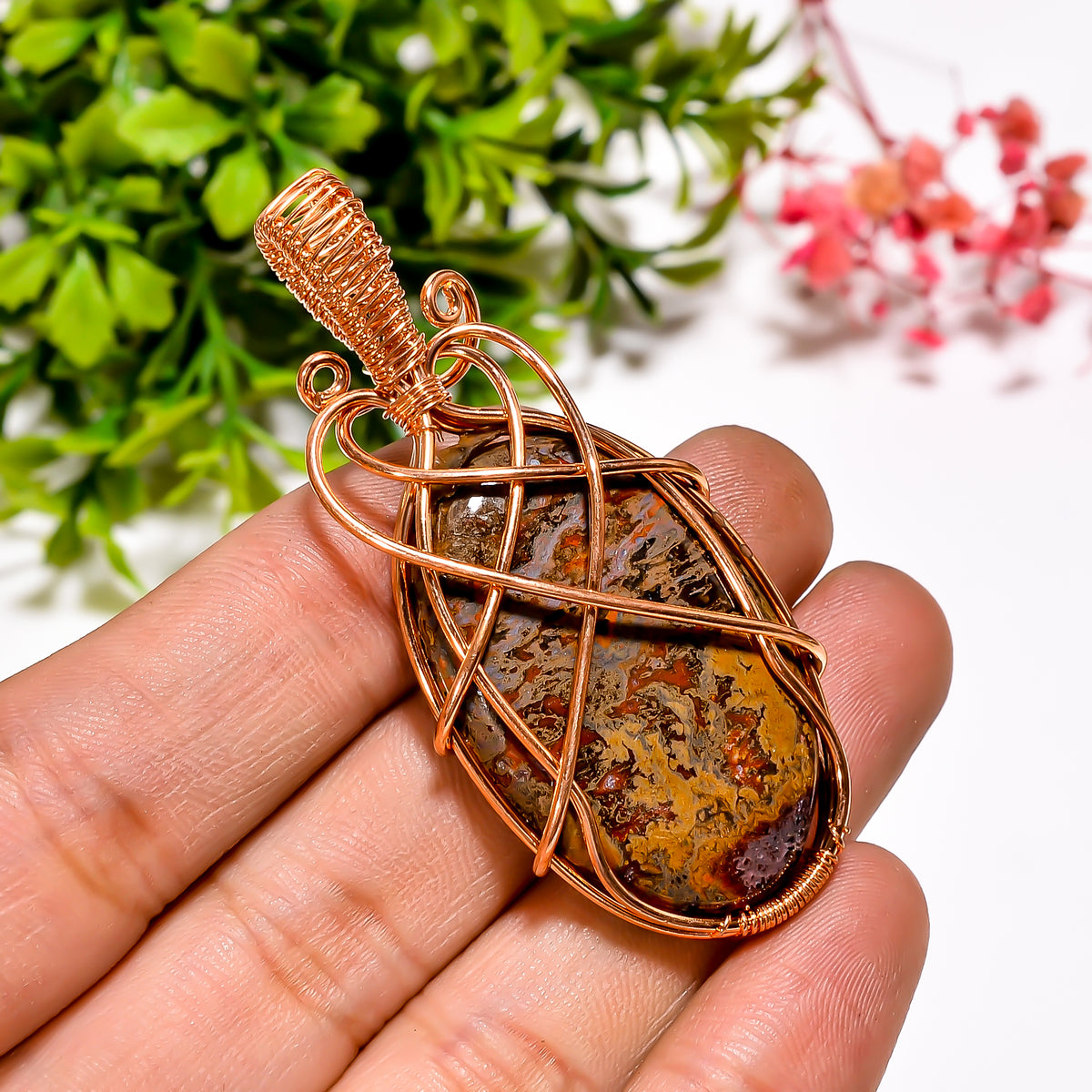 Amazing A One Quality 100% Natural Seam Agate Gemstone Oval Vintage Handmade Jewelry Pure Copper Wire Wrapped Pendant 2.3" 14.3 gms. KR11-26 Sunkarton