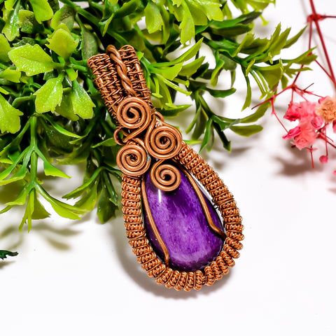 Attractive A One Quality 100% Natural Charoite Gemstone Pear Vintage Handmade Jewelry Pure Copper Wire Wrapped Pendant 2.1