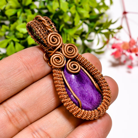 Attractive A One Quality 100% Natural Charoite Gemstone Pear Vintage Handmade Jewelry Pure Copper Wire Wrapped Pendant 2.1