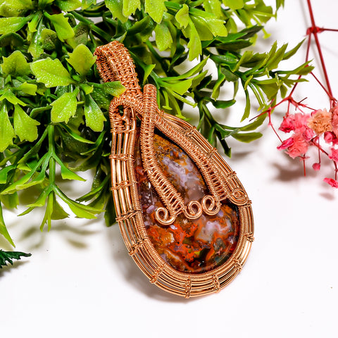 Awesome A One Quality 100% Natural Seam Agate Gemstone Pear Vintage Handmade Jewelry Pure Copper Wire Wrapped Pendant 2.5
