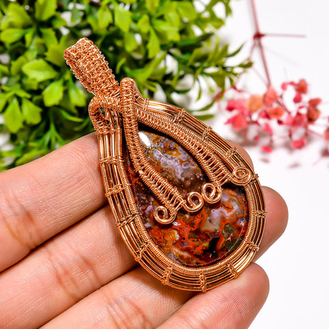 Awesome A One Quality 100% Natural Seam Agate Gemstone Pear Vintage Handmade Jewelry Pure Copper Wire Wrapped Pendant 2.5