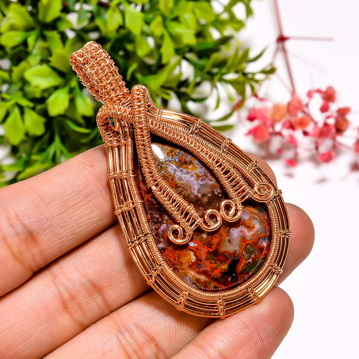 Awesome A One Quality 100% Natural Seam Agate Gemstone Pear Vintage Handmade Jewelry Pure Copper Wire Wrapped Pendant 2.5" 20.2 gms. KR11-28 Sunkarton