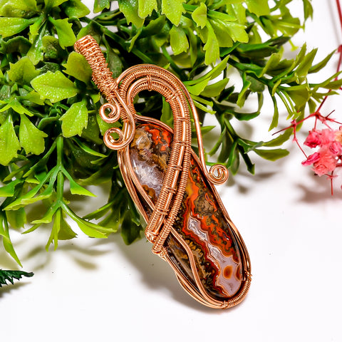 Beautiful A One Quality 100% Natural Seam Agate Gemstone Oval Vintage Handmade Jewelry Pure Copper Wire Wrapped Pendant 2.6