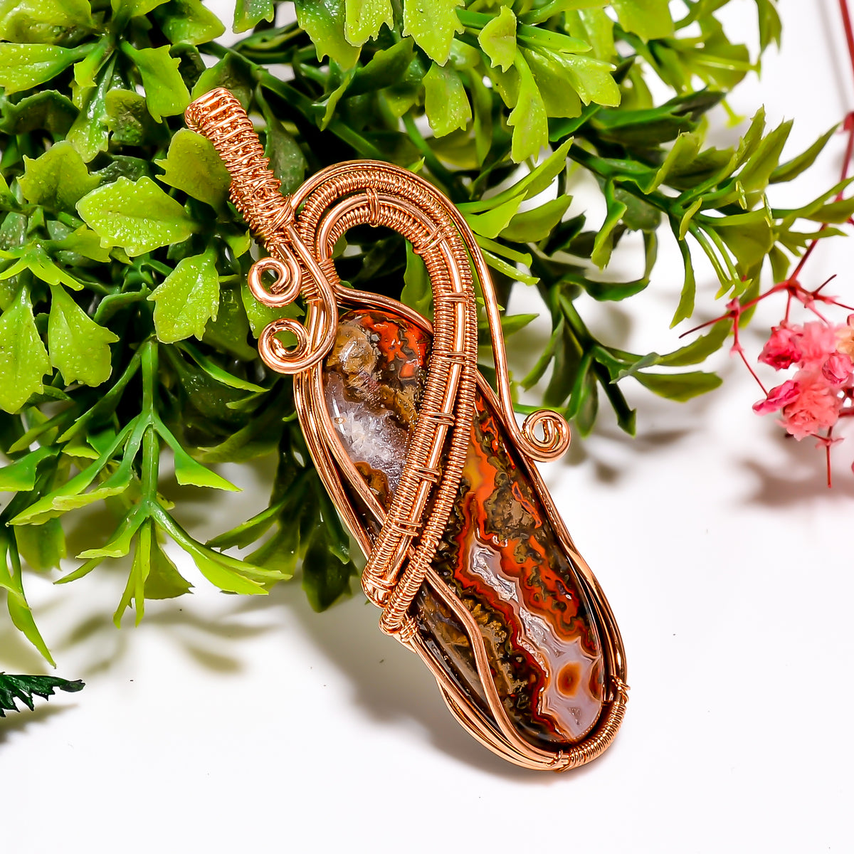 Beautiful A One Quality 100% Natural Seam Agate Gemstone Oval Vintage Handmade Jewelry Pure Copper Wire Wrapped Pendant 2.6" 13 gms. KR11-29 Sunkarton