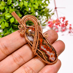 Beautiful A One Quality 100% Natural Seam Agate Gemstone Oval Vintage Handmade Jewelry Pure Copper Wire Wrapped Pendant 2.6" 13 gms. KR11-29 Sunkarton