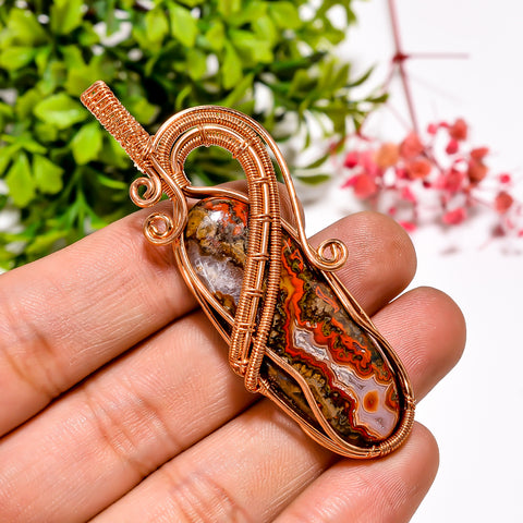 Beautiful A One Quality 100% Natural Seam Agate Gemstone Oval Vintage Handmade Jewelry Pure Copper Wire Wrapped Pendant 2.6