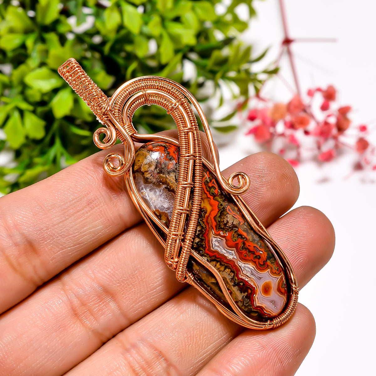 Beautiful A One Quality 100% Natural Seam Agate Gemstone Oval Vintage Handmade Jewelry Pure Copper Wire Wrapped Pendant 2.6" 13 gms. KR11-29 Sunkarton