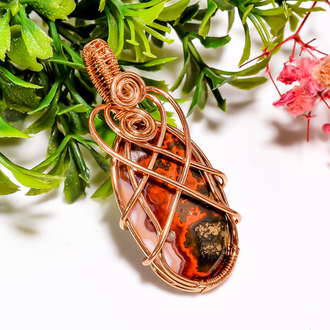 Classic A One Quality 100% Natural Seam Agate Gemstone Oval Vintage Handmade Jewelry Pure Copper Wire Wrapped Pendant 1.9