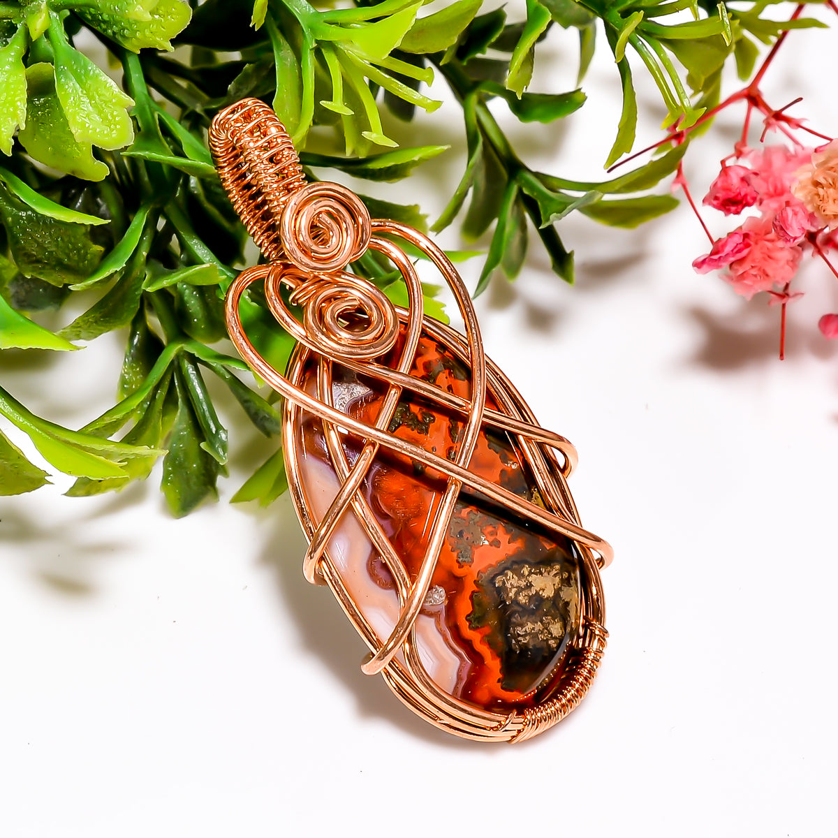 Classic A One Quality 100% Natural Seam Agate Gemstone Oval Vintage Handmade Jewelry Pure Copper Wire Wrapped Pendant 1.9" 9 gms. KR11-30 Sunkarton