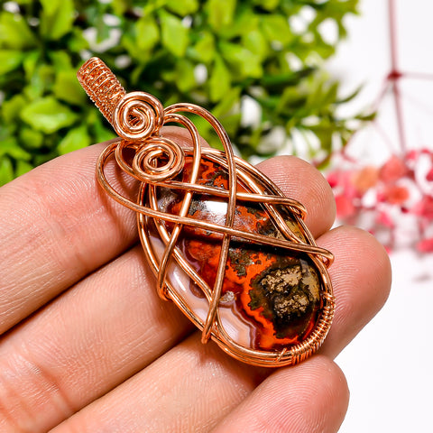 Classic A One Quality 100% Natural Seam Agate Gemstone Oval Vintage Handmade Jewelry Pure Copper Wire Wrapped Pendant 1.9