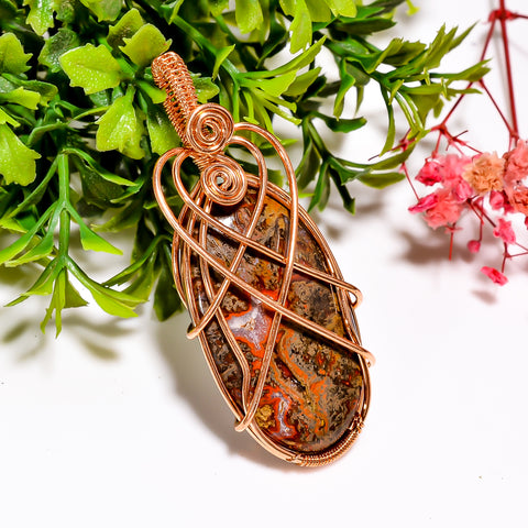 Dazzling A One Quality 100% Natural Seam Agate Gemstone Oval Vintage Handmade Jewelry Pure Copper Wire Wrapped Pendant 2.4