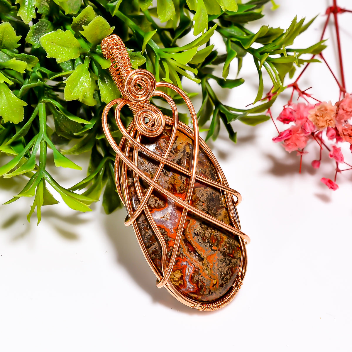 Dazzling A One Quality 100% Natural Seam Agate Gemstone Oval Vintage Handmade Jewelry Pure Copper Wire Wrapped Pendant 2.4" 14.1 gms KR11-31 Sunkarton