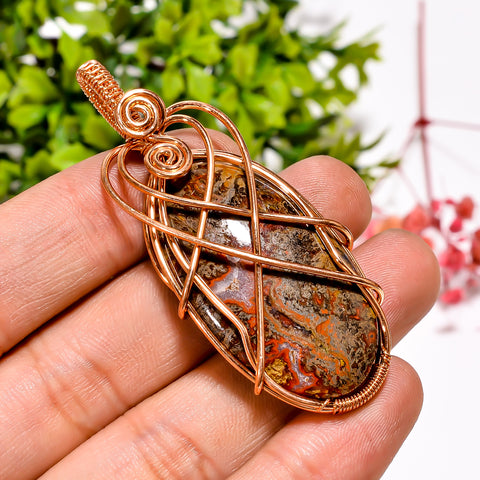 Dazzling A One Quality 100% Natural Seam Agate Gemstone Oval Vintage Handmade Jewelry Pure Copper Wire Wrapped Pendant 2.4