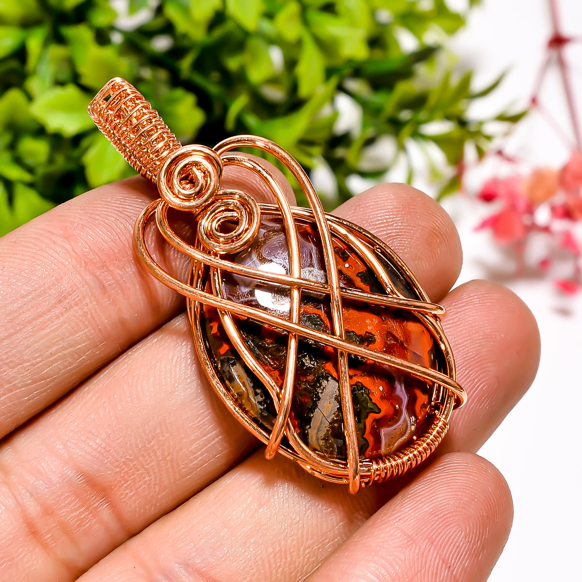 Elegant A One Quality 100% Natural Seam Agate Gemstone Oval Vintage Handmade Jewelry Pure Copper Wire Wrapped Pendant 1.9" 9.8 gms. KR11-34 Sunkarton