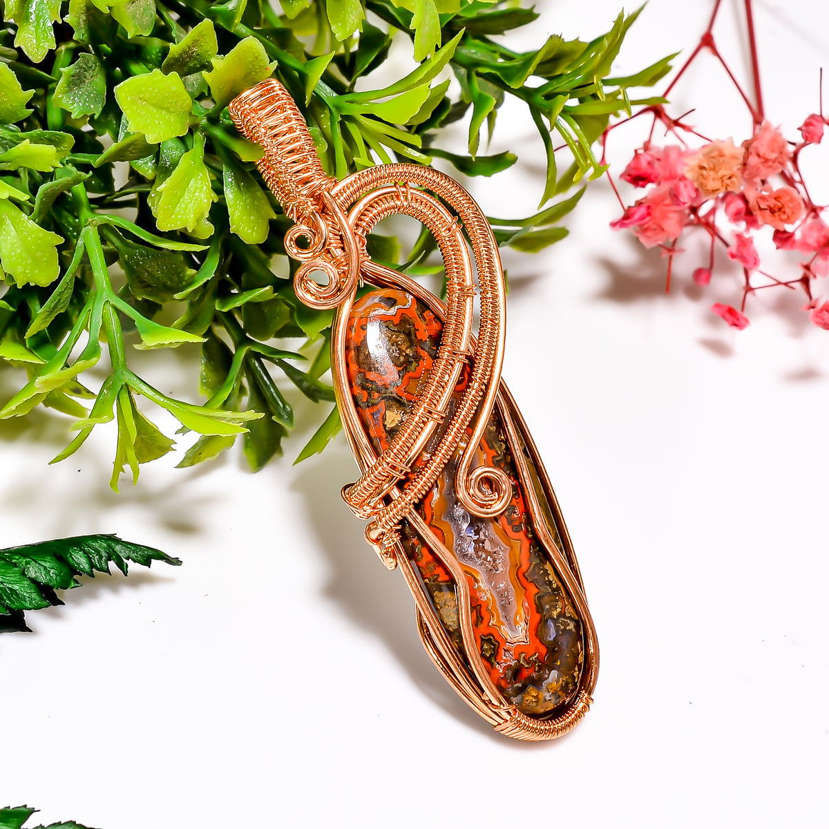 Outstanding A One Quality 100% Natural Seam Agate Gemstone Oval Vintage Handmade Pure Copper Wire Wrapped Pendant 2.6" 12.7 gms. KR11-42 Sunkarton