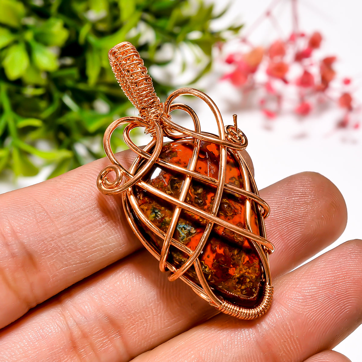 Splendid A One Quality 100% Natural Seam Agate Gemstone Pear Vintage Handmade Jewelry Pure Copper Wire Wrapped Pendant 1.9" 11.1 gms KR11-43 Sunkarton