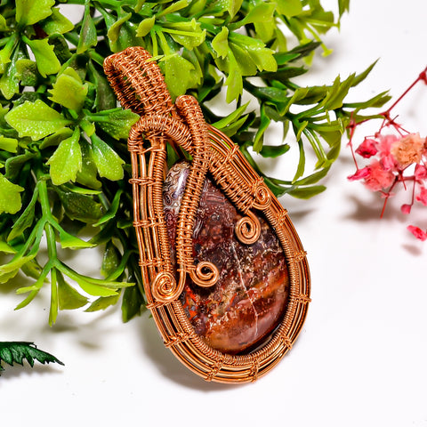 Stunning A One Quality 100% Natural Crazy Lace Agate Gemstone Pear Vintage Handmade Pure Copper Wire Wrapped Pendant 2.4