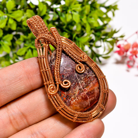 Stunning A One Quality 100% Natural Crazy Lace Agate Gemstone Pear Vintage Handmade Pure Copper Wire Wrapped Pendant 2.4