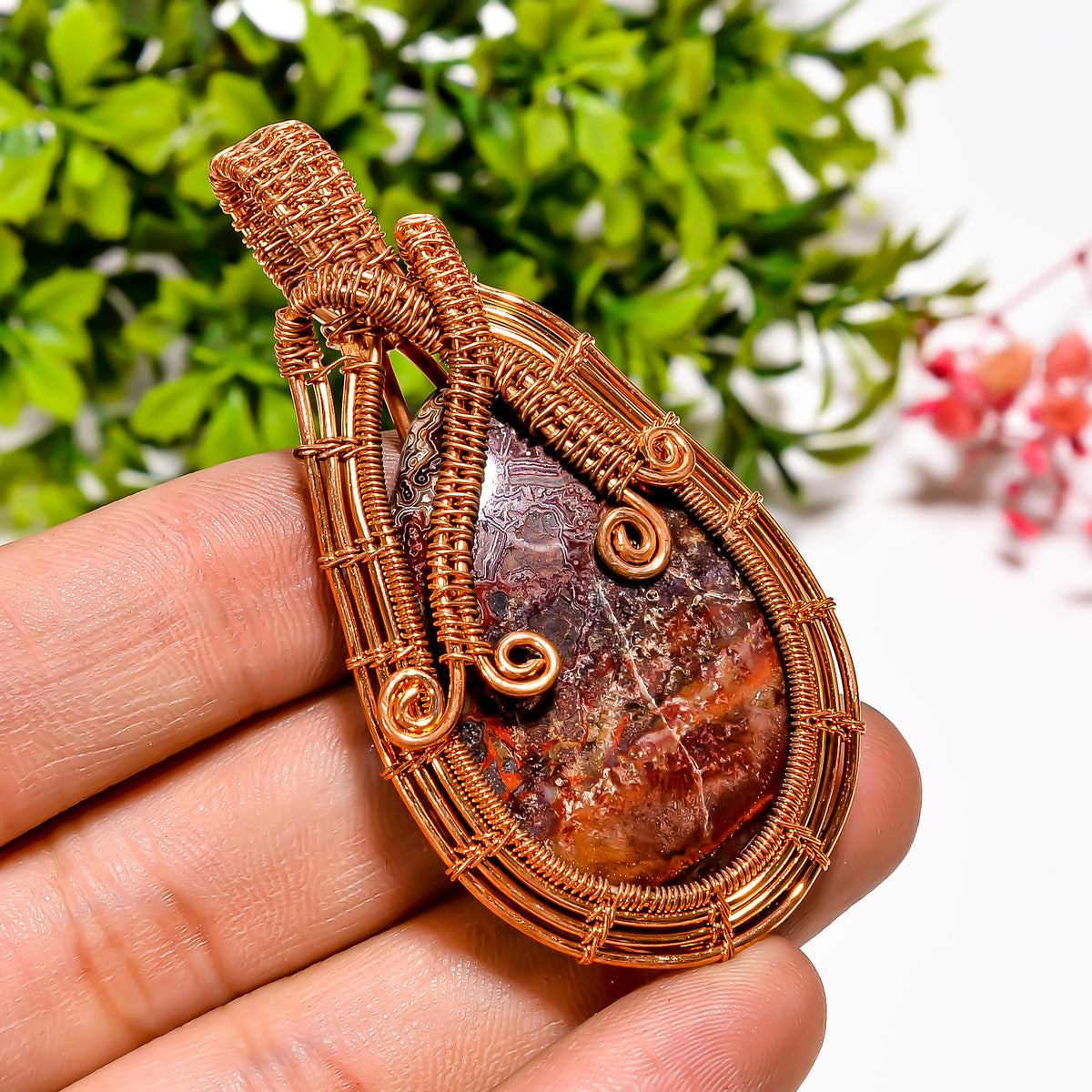 Stunning A One Quality 100% Natural Crazy Lace Agate Gemstone Pear Vintage Handmade Pure Copper Wire Wrapped Pendant 2.4" 18.7 gms. KR11-45 Sunkarton