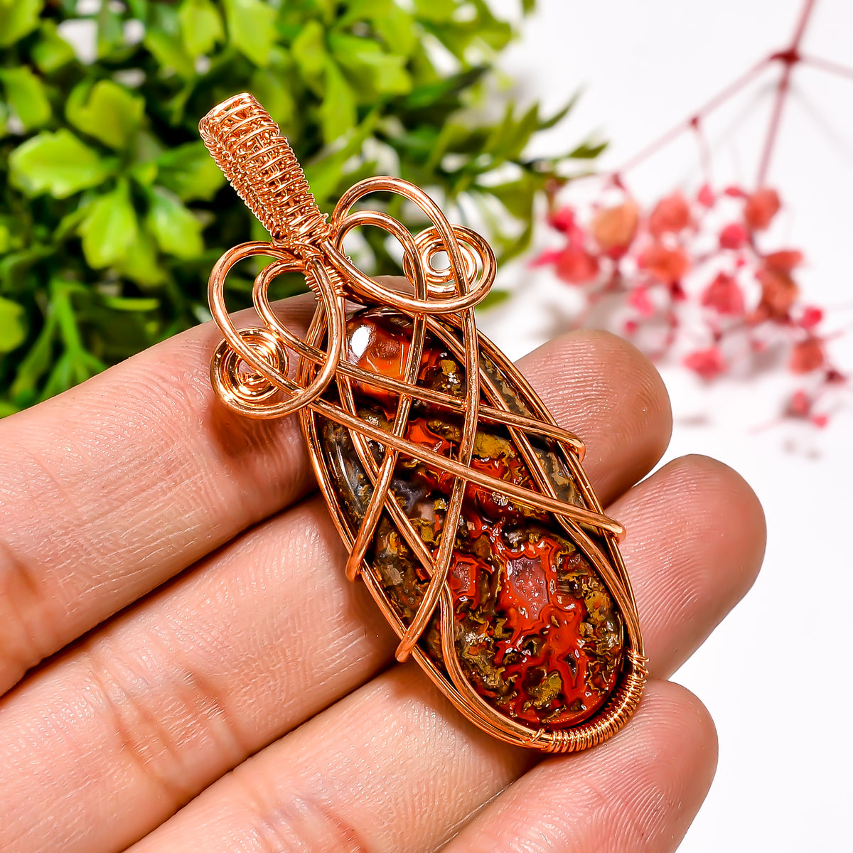 Terrific A One Quality 100% Natural Seam Agate Gemstone Oval Vintage Handmade Jewelry Pure Copper Wire Wrapped Pendant 2.2" 11.4 gms KR11-48 Sunkarton