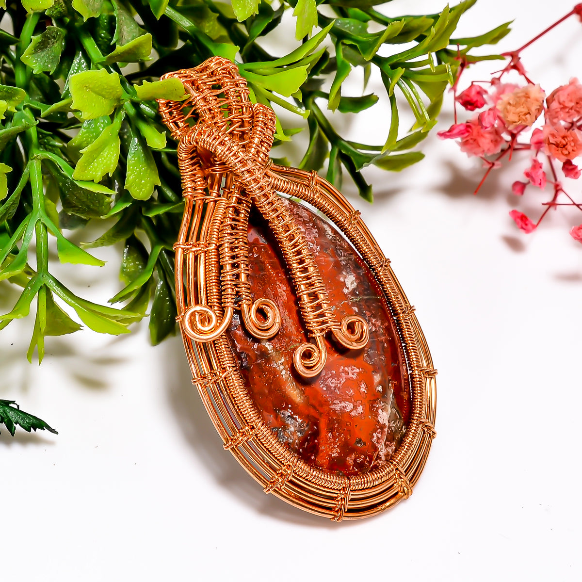 Unique A One Quality 100% Natural Seam Agate Gemstone Oval Vintage Handmade Jewelry Pure Copper Wire Wrapped Pendant 2.3" 19.9 gms. KR11-49 Sunkarton