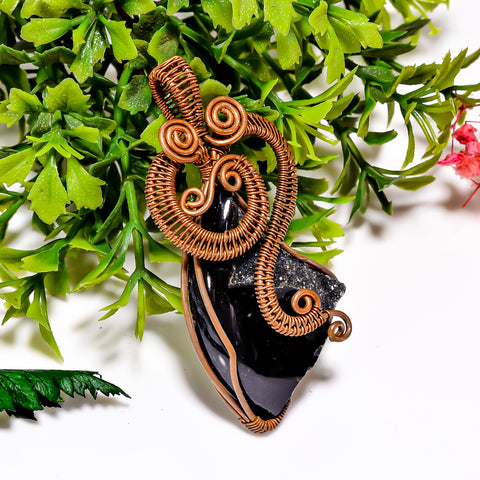 Amazing A One Quality 100% Natural Black Druzy Gemstone Vintage Style Handmade Jewelry Pure Copper Wire Wrapped Pendant 2.4