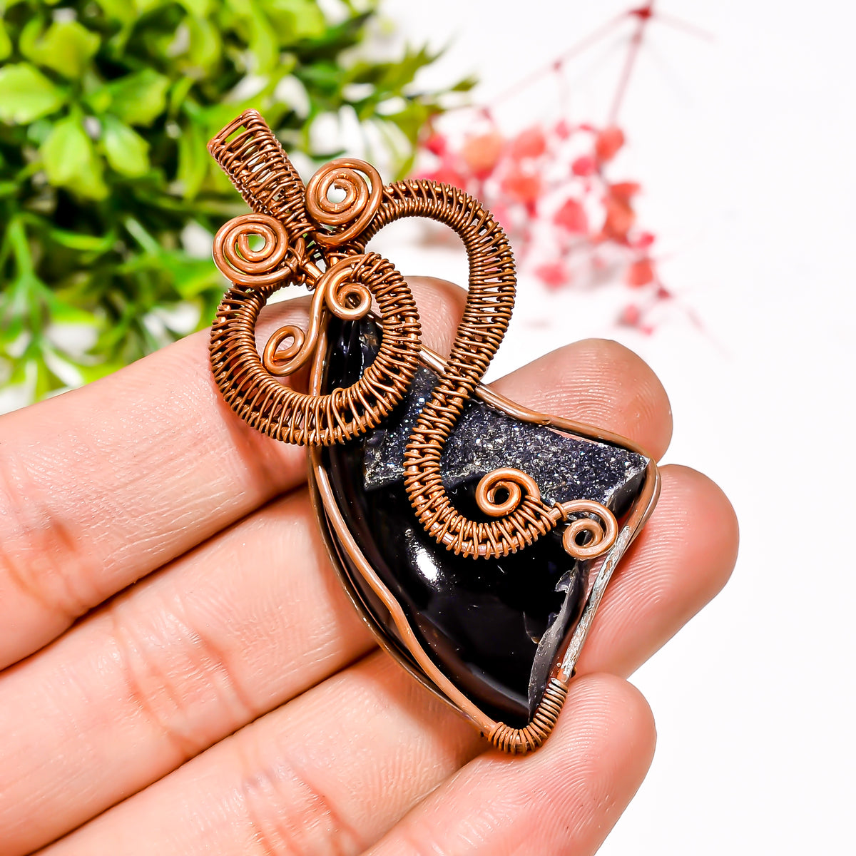 Amazing A One Quality 100% Natural Black Druzy Gemstone Vintage Style Handmade Jewelry Pure Copper Wire Wrapped Pendant 2.4" 17.8 gms KR1151 Sunkarton