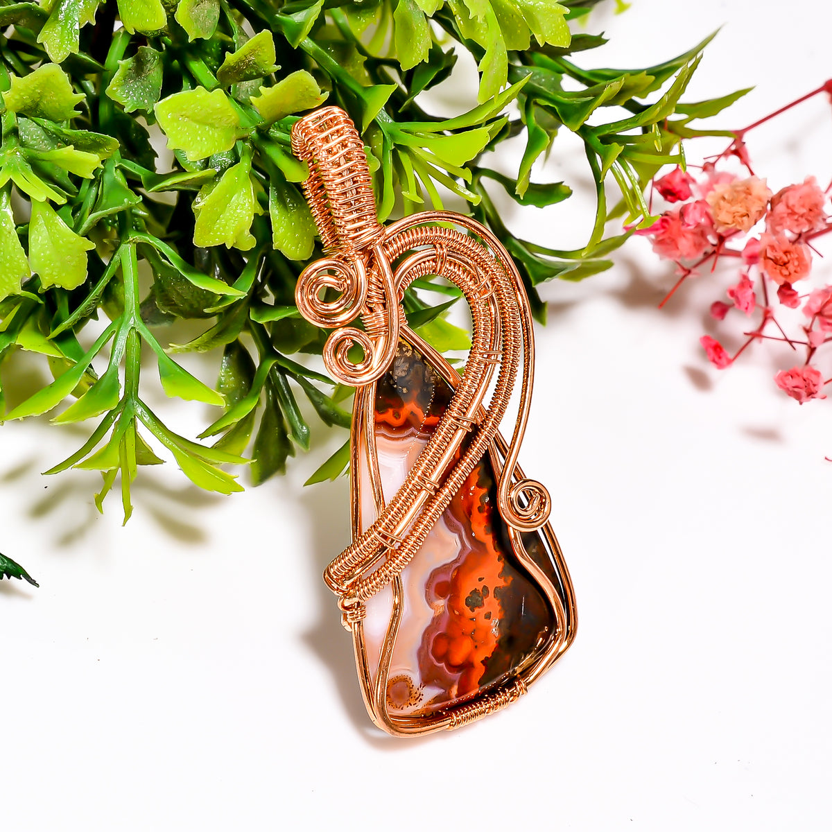 Attractive A One Quality 100% Natural Seam Agate Gemstone Pear Vintage Handmade Pure Copper Wire Wrapped Pendant 2.3" 10.7 gms. KR11-52 Sunkarton