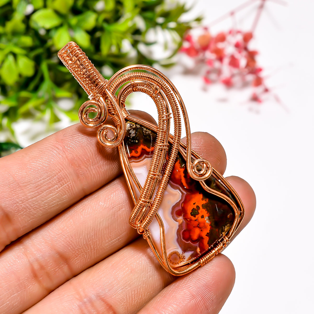 Attractive A One Quality 100% Natural Seam Agate Gemstone Pear Vintage Handmade Pure Copper Wire Wrapped Pendant 2.3" 10.7 gms. KR11-52 Sunkarton