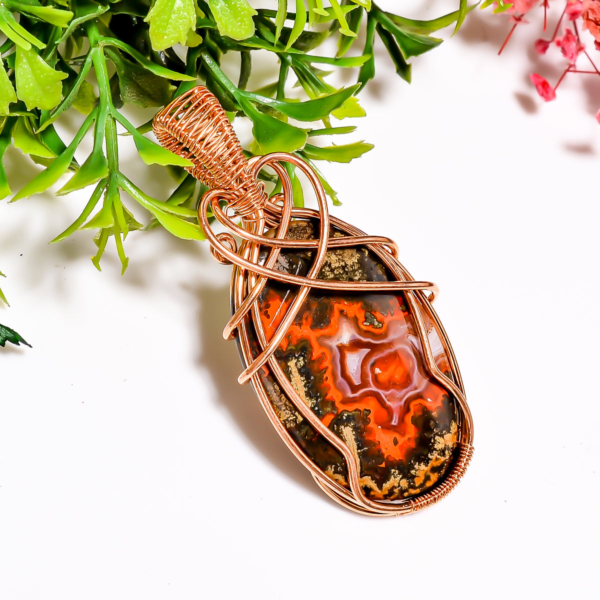 Awesome A One Quality 100% Natural Seam Agate Gemstone Oval Vintage Handmade Jewelry Pure Copper Wire Wrapped Pendant 2.2" 10.1 gms. KR11-53 Sunkarton