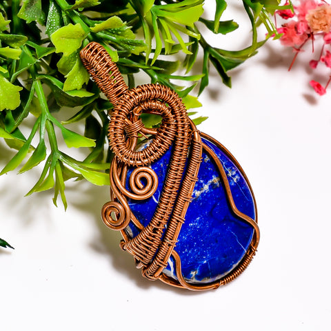 Classic A One Quality 100% Natural Lapis Lazuli Gemstone Oval Vintage Handmade Jewelry Pure Copper Wire Wrapped Pendant 2.2