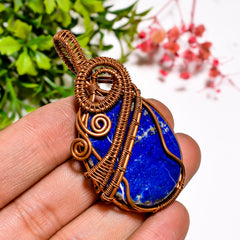 Classic A One Quality 100% Natural Lapis Lazuli Gemstone Oval Vintage Handmade Jewelry Pure Copper Wire Wrapped Pendant 2.2" 16.8 gms KR1155 Sunkarton