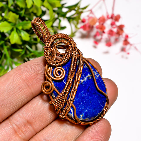 Classic A One Quality 100% Natural Lapis Lazuli Gemstone Oval Vintage Handmade Jewelry Pure Copper Wire Wrapped Pendant 2.2