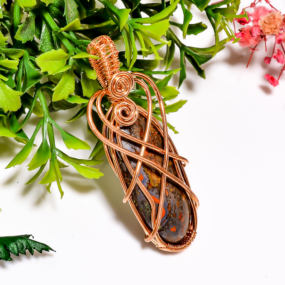 Dazzling A One Quality 100% Natural Seam Agate Gemstone Oval Vintage Handmade Jewelry Pure Copper Wire Wrapped Pendant 2.1" 11.4 gms KR11-56 Sunkarton
