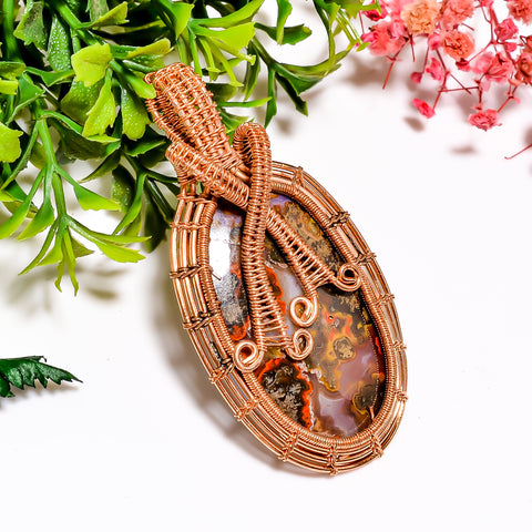 Excellent A One Quality 100% Natural Seam Agate Gemstone Oval Vintage Handmade Jewelry Pure Copper Wire Wrapped Pendant 2.5
