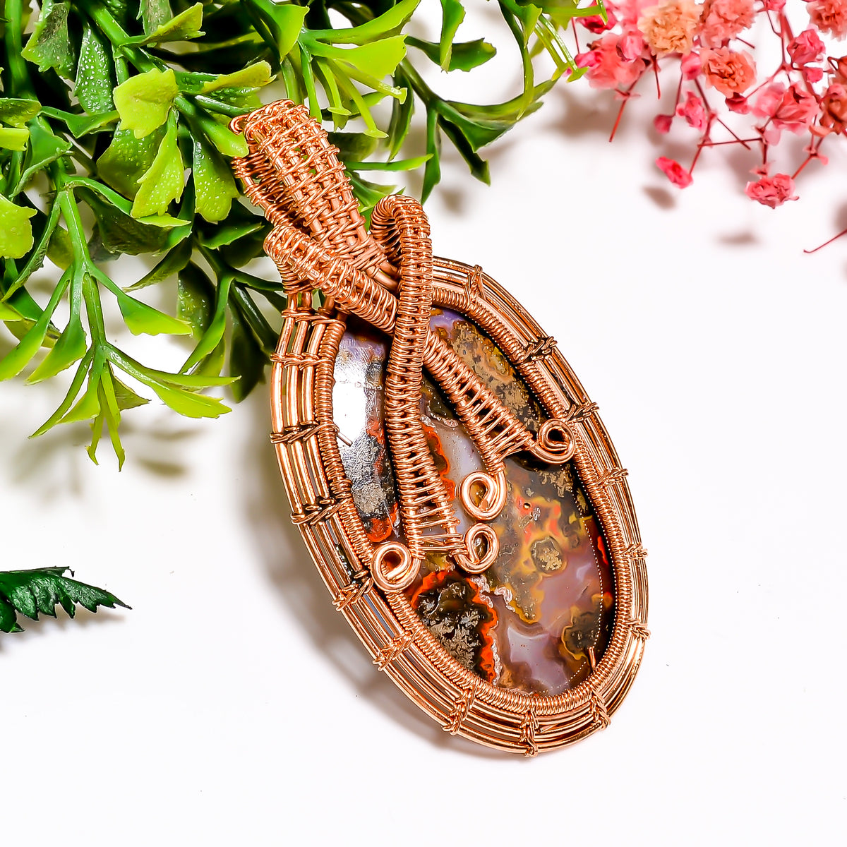 Excellent A One Quality 100% Natural Seam Agate Gemstone Oval Vintage Handmade Jewelry Pure Copper Wire Wrapped Pendant 2.5" 17.9 gms KR1157 Sunkarton