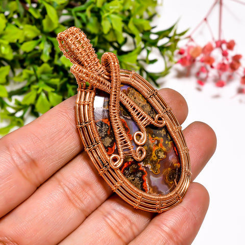 Excellent A One Quality 100% Natural Seam Agate Gemstone Oval Vintage Handmade Jewelry Pure Copper Wire Wrapped Pendant 2.5