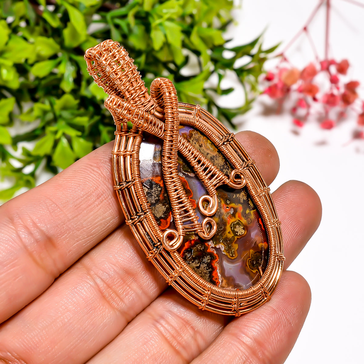 Excellent A One Quality 100% Natural Seam Agate Gemstone Oval Vintage Handmade Jewelry Pure Copper Wire Wrapped Pendant 2.5" 17.9 gms KR1157 Sunkarton