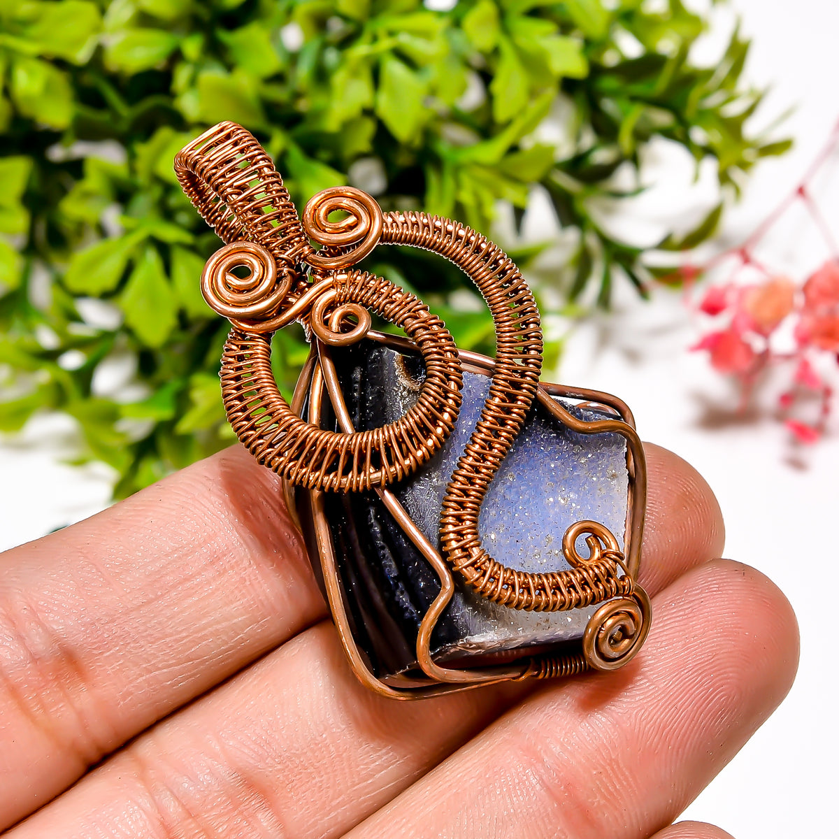 Classic A One Quality 100% Natural Black Druzy Gemstone Vintage Style Handmade Jewelry Pure Copper Wire Wrapped Pendant 2" 18 gms. KR11-5 Sunkarton